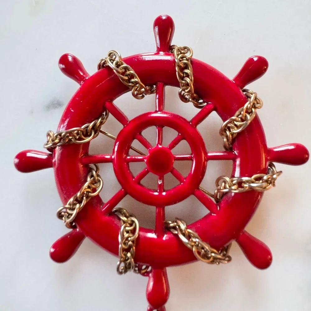 Vintage 1960s‎ Red Ship Wheel Brooch Gold Tassel Nautical Helm Pin Mid Century